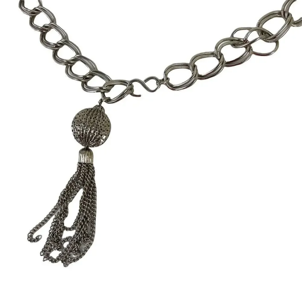 VTG Retro Silver Belt Metal Link Chain Belt Tassel Charm